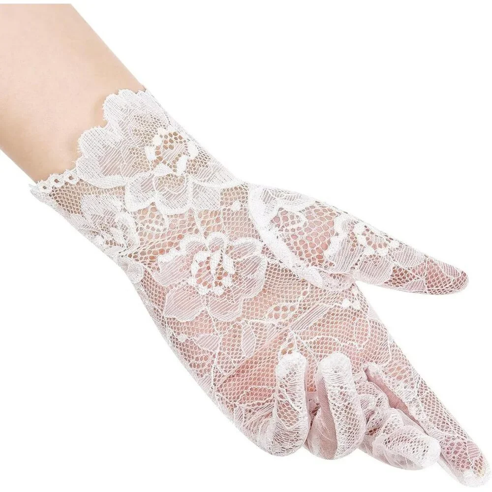 Women's Lvory 04 Floral Short Length Lace Tulle Mesh Wrist Wedding Party Gloves